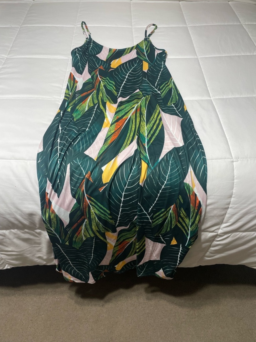 Tropical Leaf Print Spaghetti Strap Dress - Green & Yellow